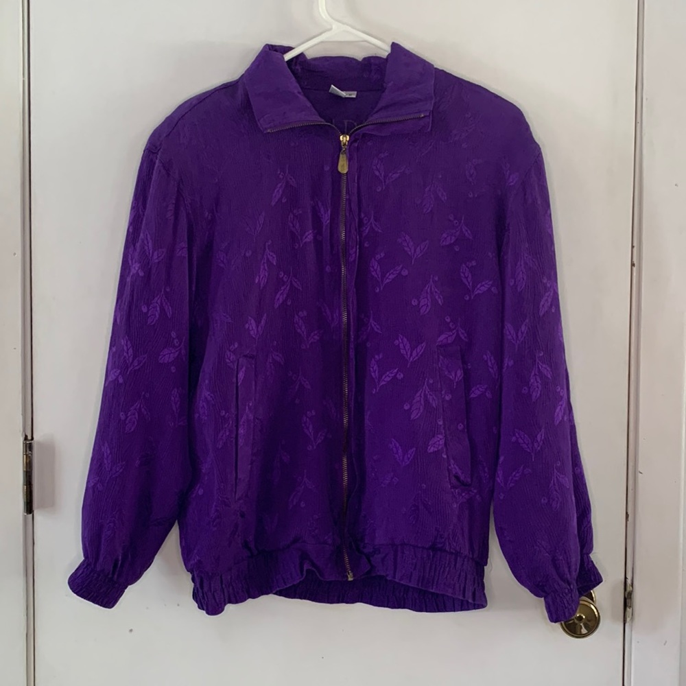 Fuda International purple silk leaf and berry texture zip front jacket Size M